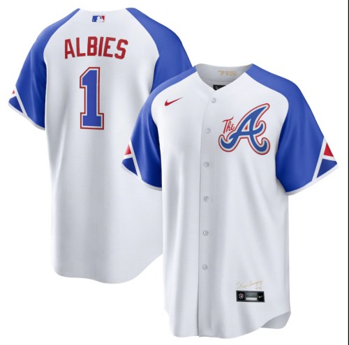 Men's Atlanta Braves #1 Ozzie Albies White 2023 City Connect Cool Base Stitched Baseball Jersey